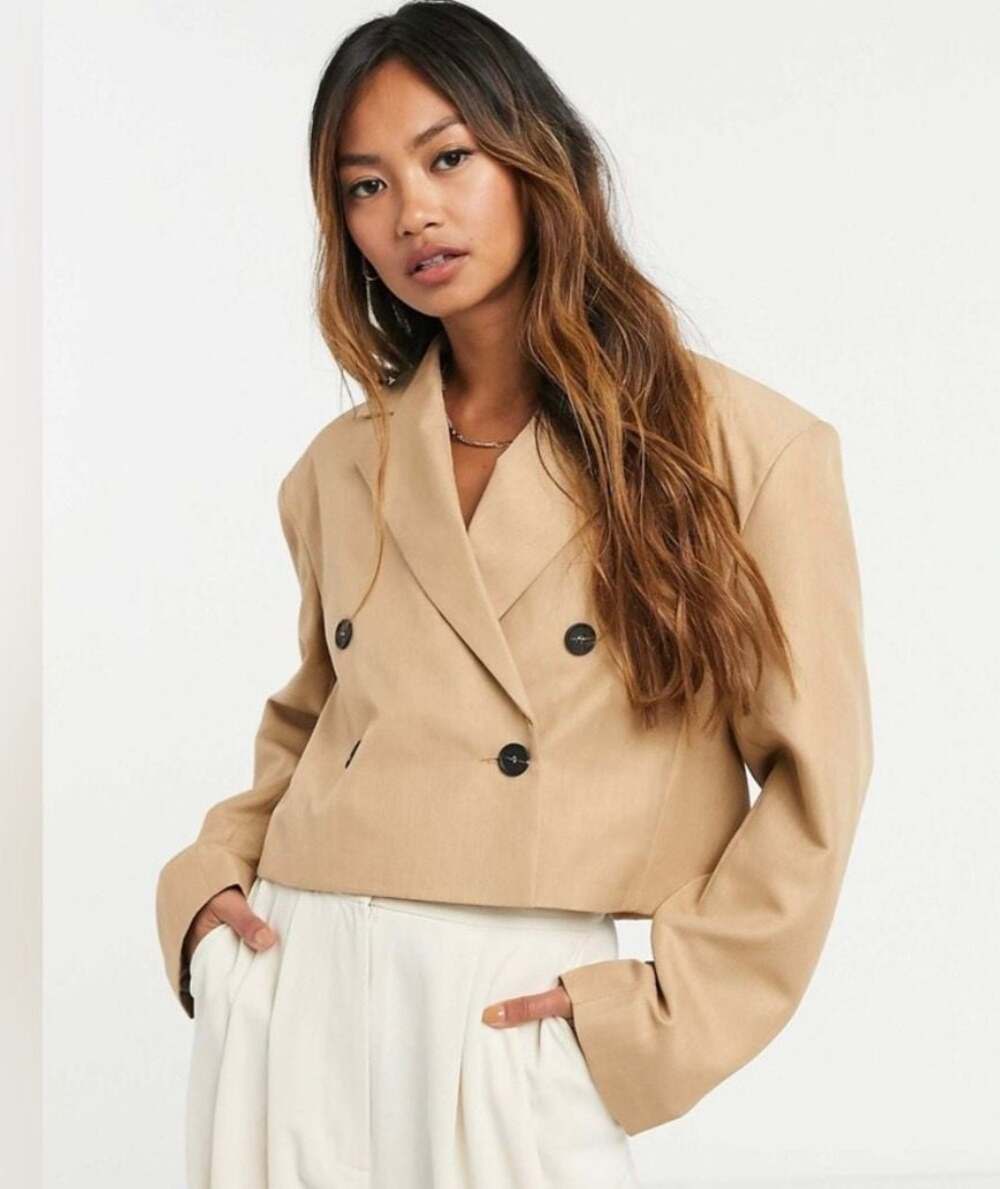 Topshop Oversized Cropped Double Breasted Blazer Beige Size 6 NWT
